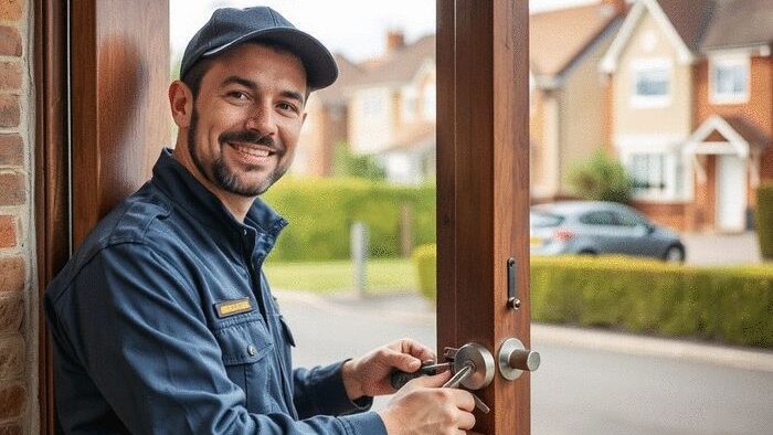 Professional emergency locksmith repairing a commercial door lock in Chestnut Hill, Massachusetts