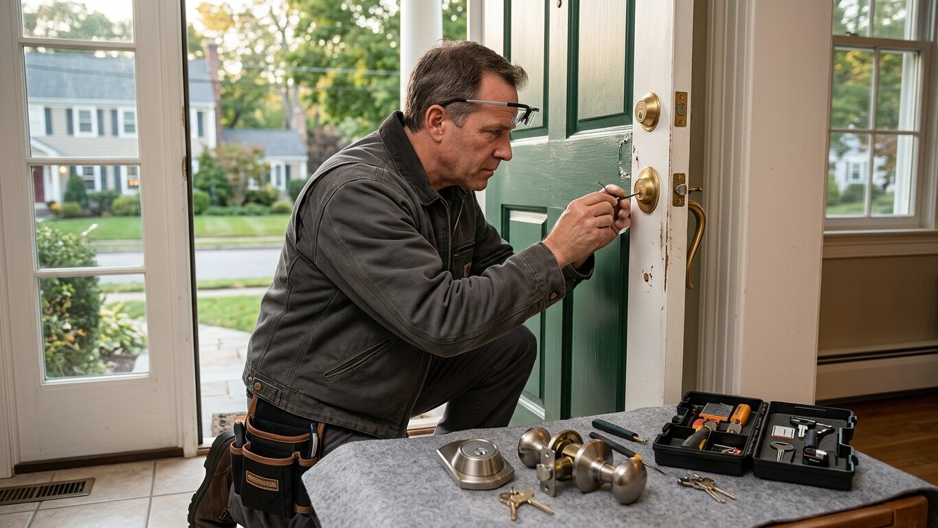 Emergency locksmith in Needham, MA inspecting a damaged door lock and security hardware