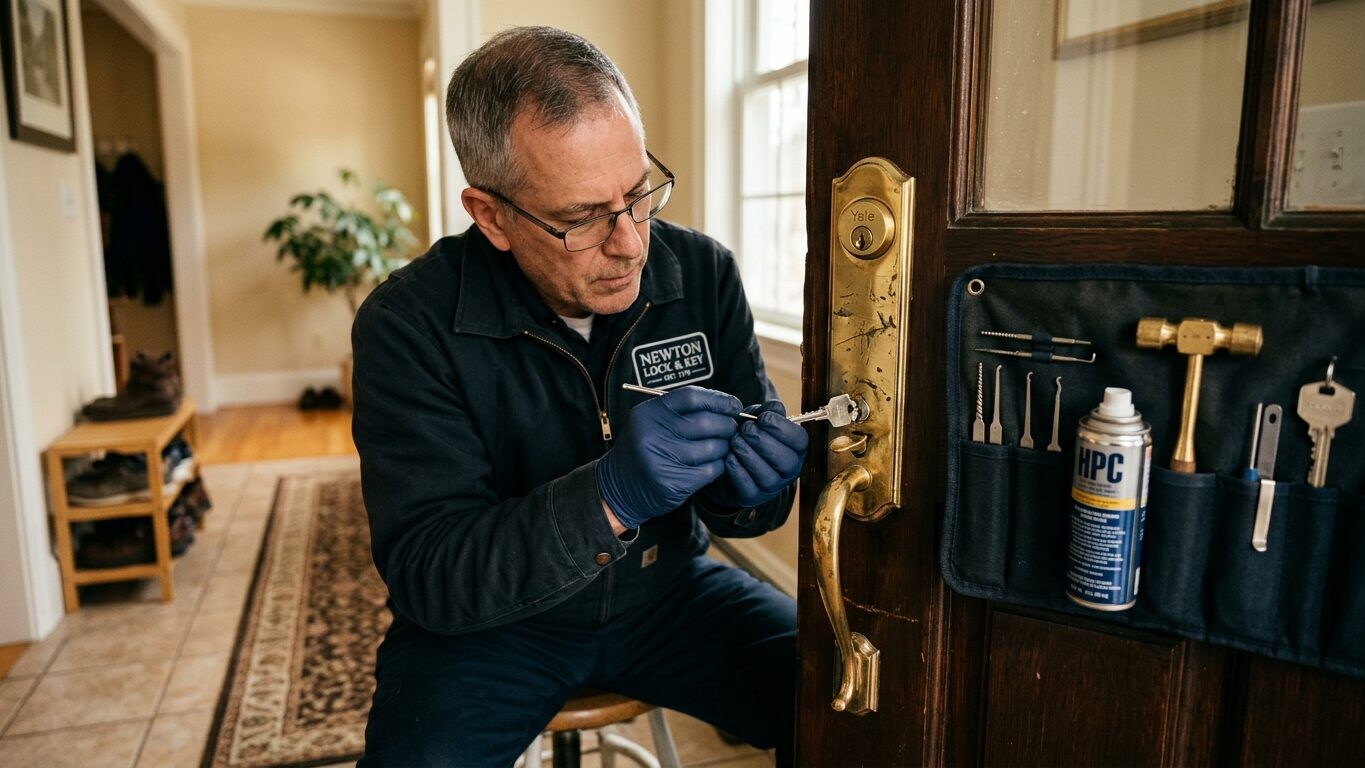 Emergency locksmith in Newton MA removing a broken key from a lock.