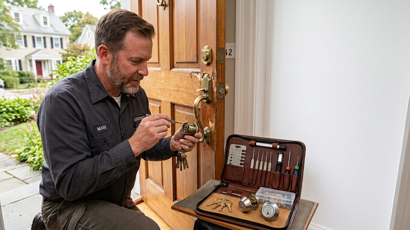Emergency locksmith in Newton MA inspecting a damaged lock and replacing keys