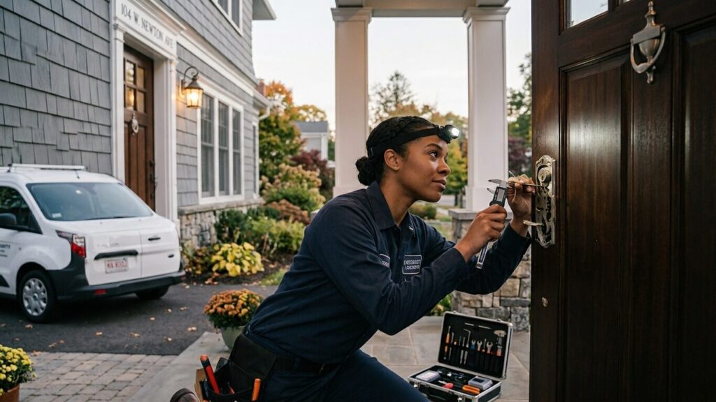 Emergency Locksmith in Newton, MA inspecting a damaged door lock