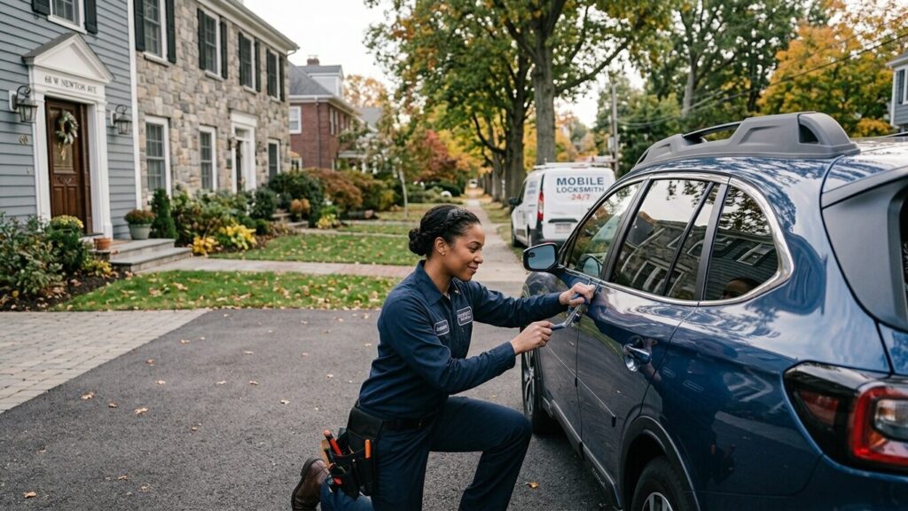 Emergency Locksmith in Newton, MA assisting with a car lockout
