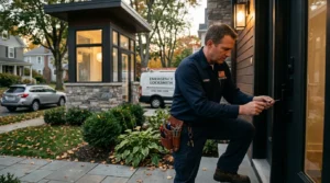 Emergency Locksmith in Newton MA inspecting a damaged commercial door lock
