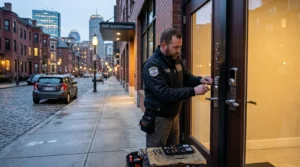 Emergency locksmith services in Boston, MA helping a homeowner with a residential lockout