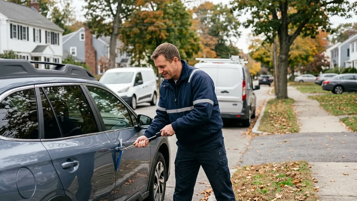 Emergency locksmith in Needham MA repairing a damaged home lock