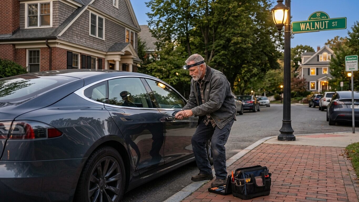 Emergency locksmith in Newton MA assisting with a car lockout.