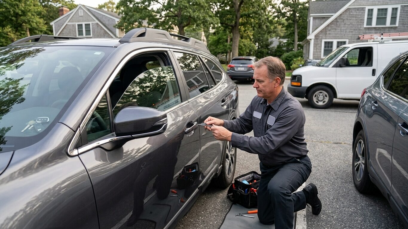 Emergency locksmith in Needham, MA unlocking a vehicle during a car lockout