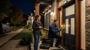 Emergency locksmith in Newton MA helping a homeowner with a home lockout