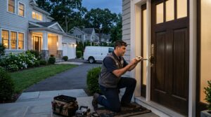 Emergency locksmith in Needham, MA helping a homeowner with a house lockout