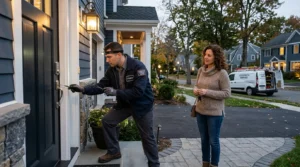 Emergency locksmith in Needham MA helping a homeowner with a lockout