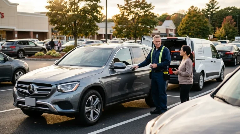 Emergency Car Locksmith in Walpole MA assisting a driver with a locked luxury SUV in a parking lot.
