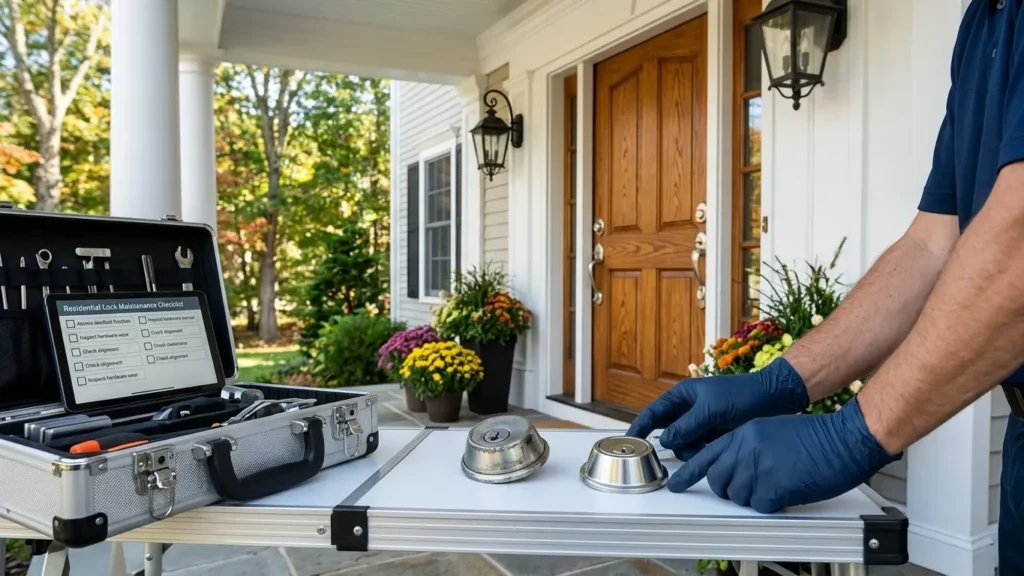 Locksmith assessing a damaged residential door lock for a homeowner locked out of your house in Walpole, MA.