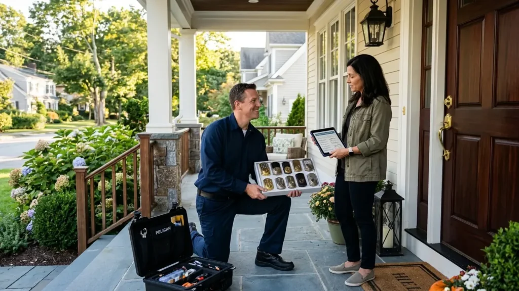 Locksmith explaining rekeying options to a homeowner locked out of your house in Walpole, MA.