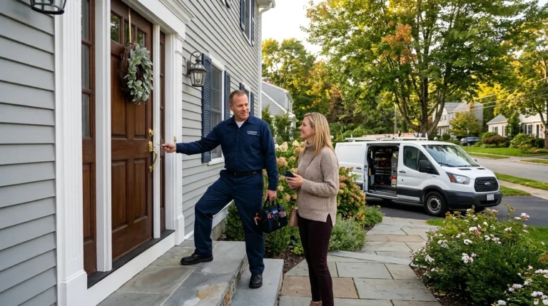 Professional emergency locksmith assisting a homeowner locked out of your house in Walpole, MA.