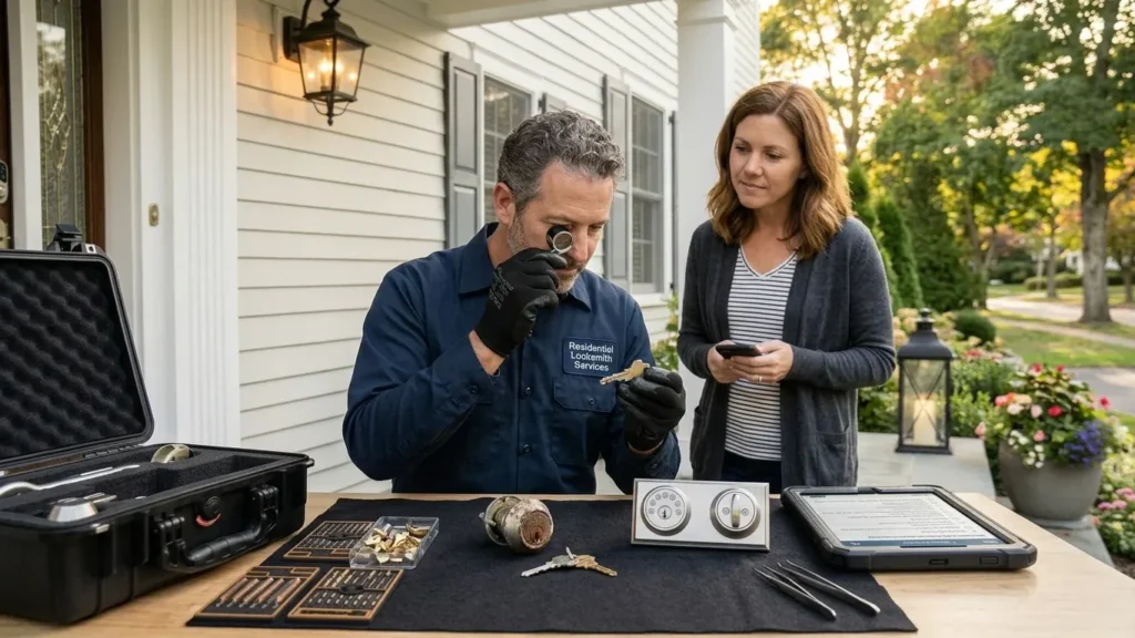 Emergency Locksmith in Westwood, MA examining a broken house key and damaged residential deadbolt.