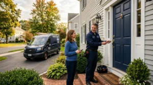 Emergency Locksmith Newton MA technician assisting a homeowner with a residential door lockout.