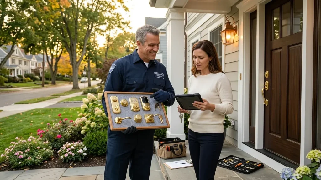 Emergency Locksmith Newton MA professional discussing lock rekeying and home security options with a homeowner.