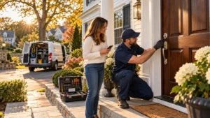 Emergency Locksmith in Westwood, MA inspecting a malfunctioning residential door lock for a homeowner.
