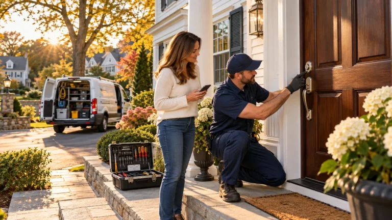 Emergency Locksmith in Westwood, MA inspecting a malfunctioning residential door lock for a homeowner.