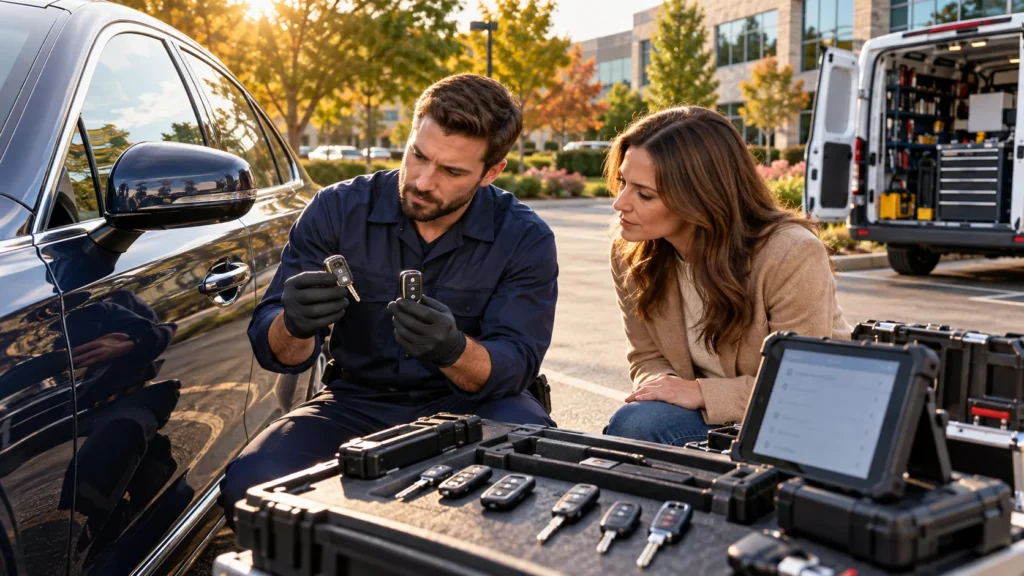 Emergency Car Locksmith in Walpole MA discussing car key replacement and electronic key fob options with a customer.