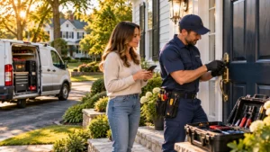 Professional locksmith helping a homeowner with a lockout problem in Wellesley, MA.