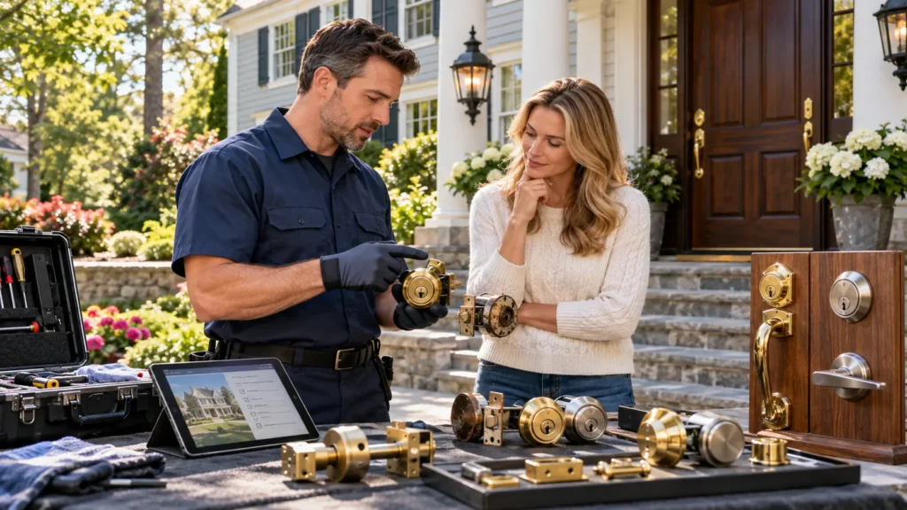 Professional locksmith discussing lock replacement solutions for a lockout problem in Wellesley, MA.